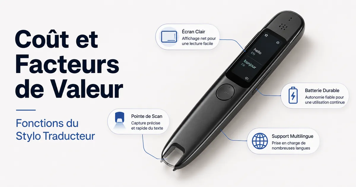 Stylo traducteur avec repères de fonctions pour comparer le prix et la valeur.