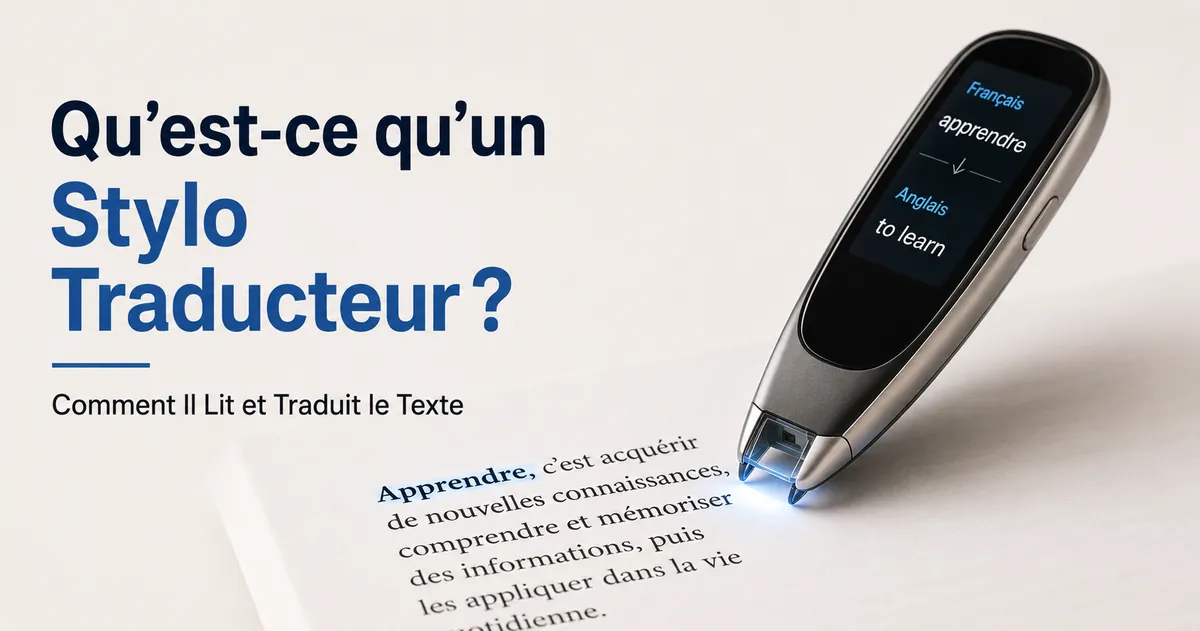 Stylo traducteur scannant des mots imprimés pour montrer comment l’appareil lit et traduit le texte.