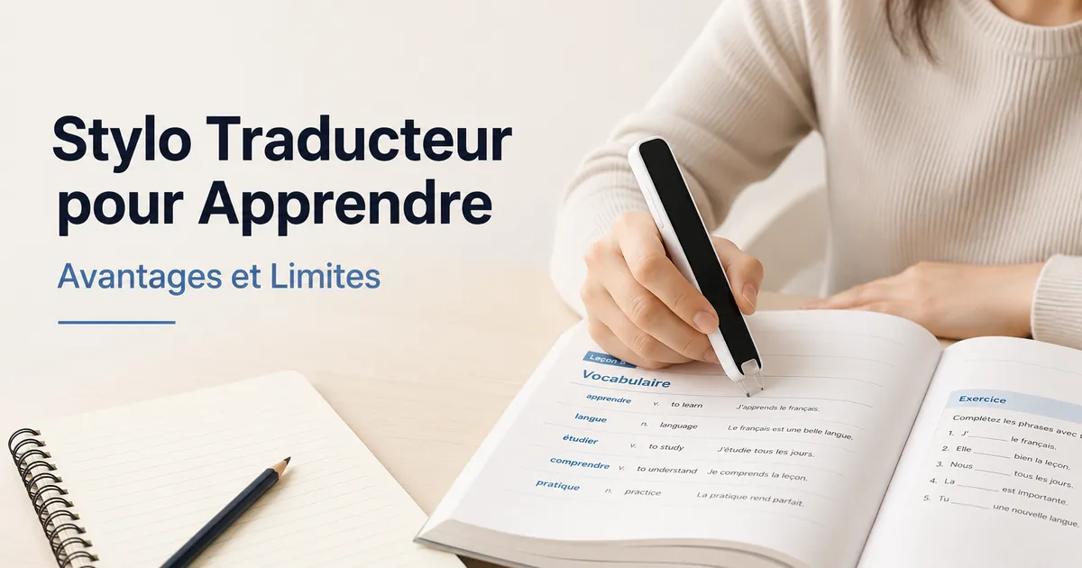 Apprenant utilisant un stylo traducteur pour scanner du vocabulaire dans une leçon imprimée.