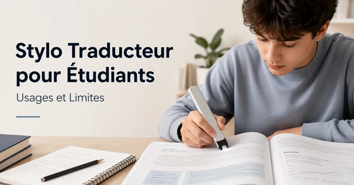 Étudiant utilisant un stylo traducteur sur un manuel pour étudier et soutenir la lecture.