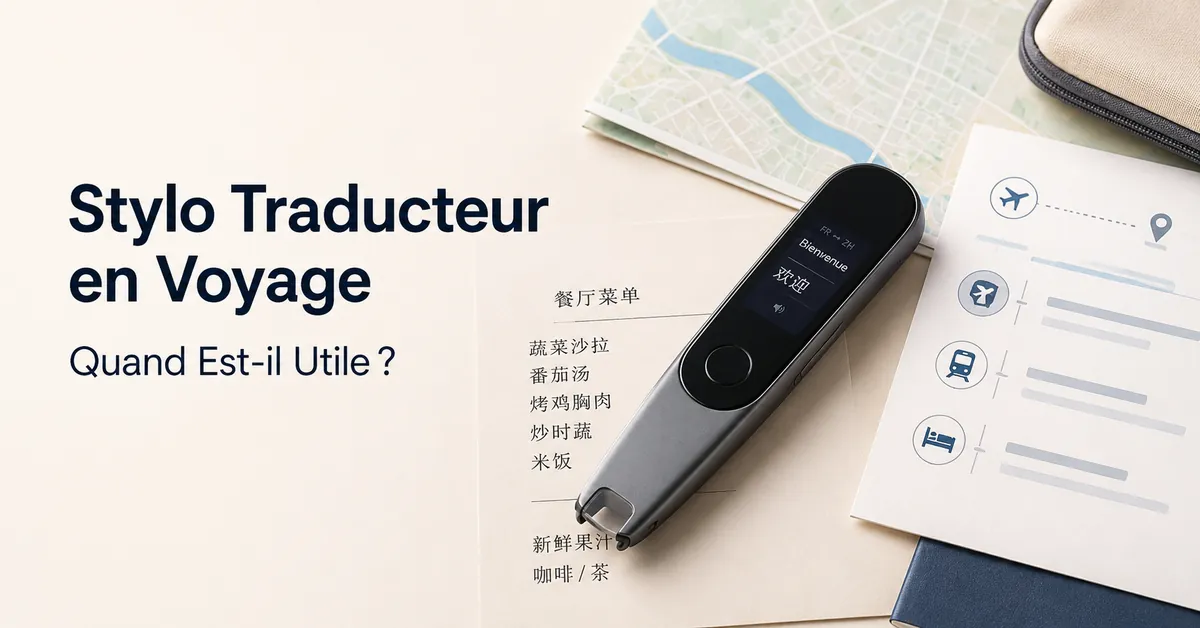 Stylo traducteur portable utilisé avec des documents de voyage et du texte imprimé en langue étrangère.