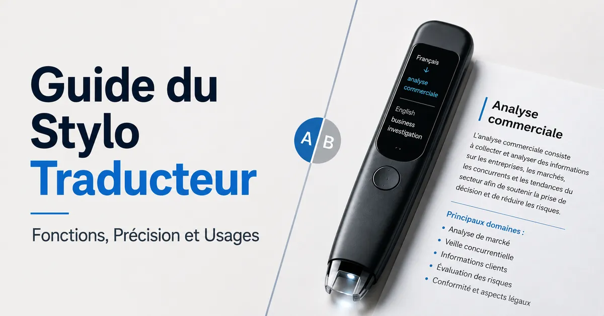Stylo traducteur avec pointe de numérisation, écran et texte imprimé pour comparer les fonctions.