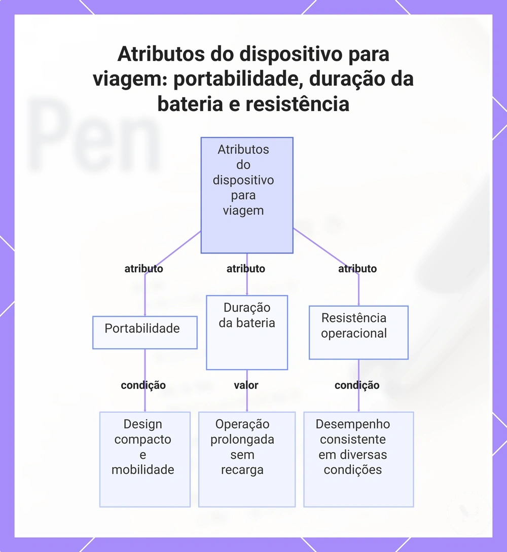 Atributos do dispositivo para viagem: portabilidade, duração da bateria e resistência