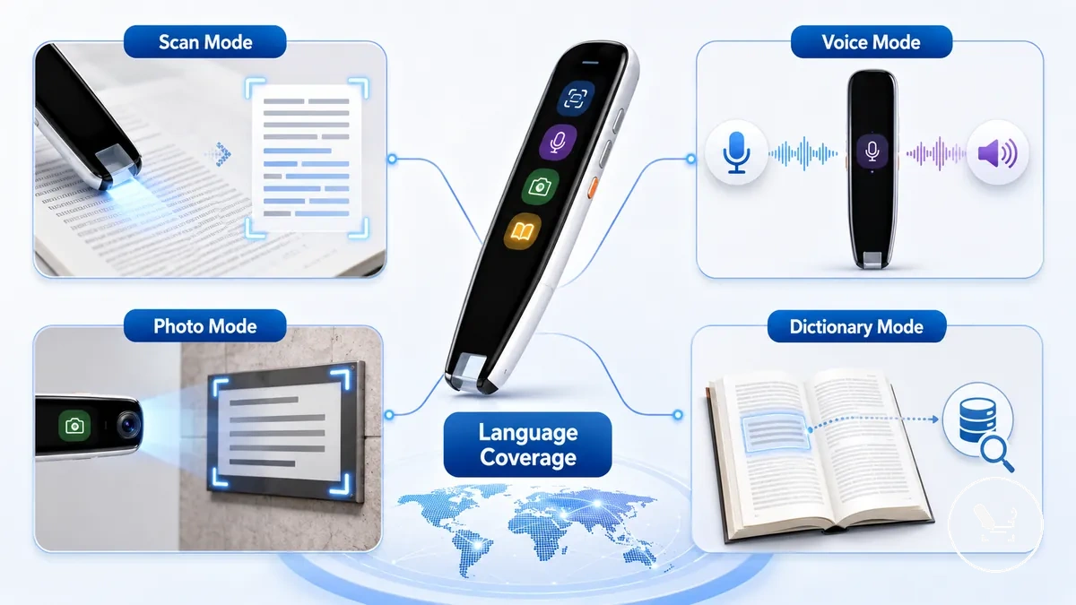 modos anotados da caneta tradutora mostrando cobertura de idiomas para digitalização, voz, foto e dicionário