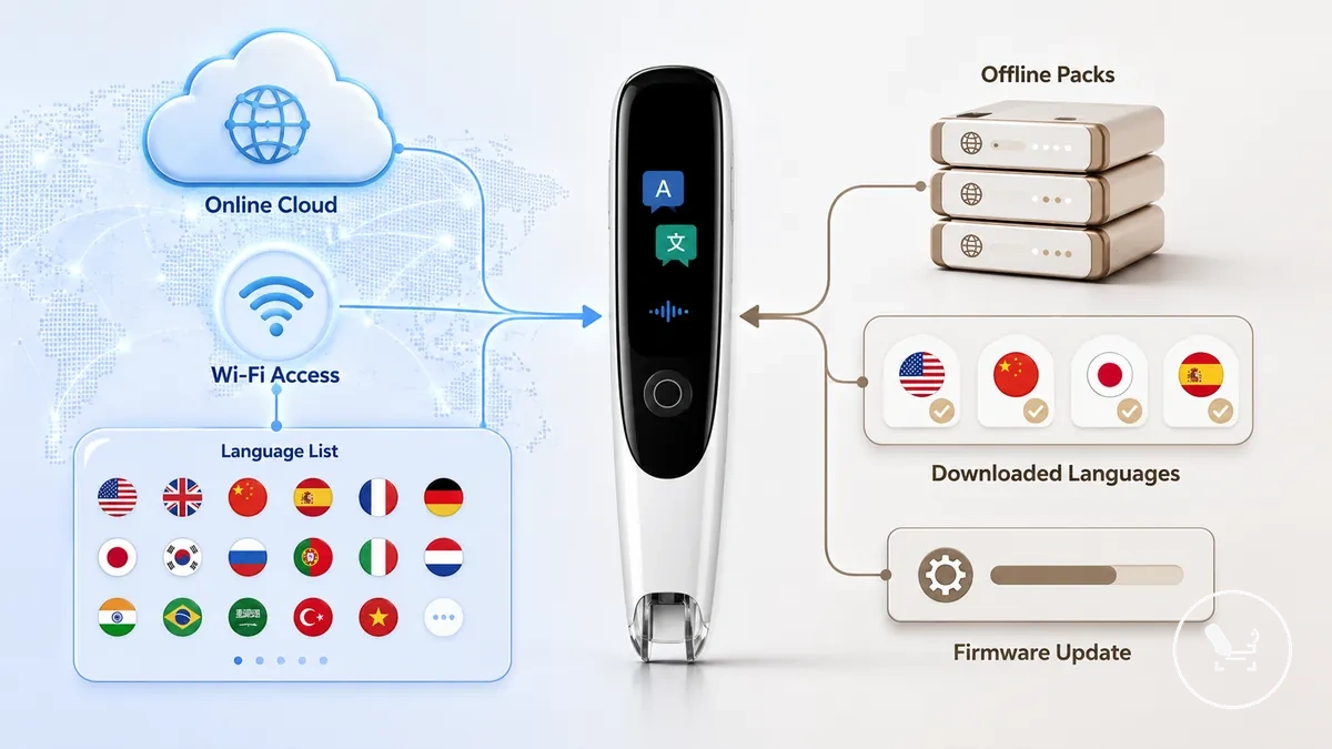gráfico comparativo das contagens de idiomas online e pacotes de idiomas offline em uma caneta tradutora