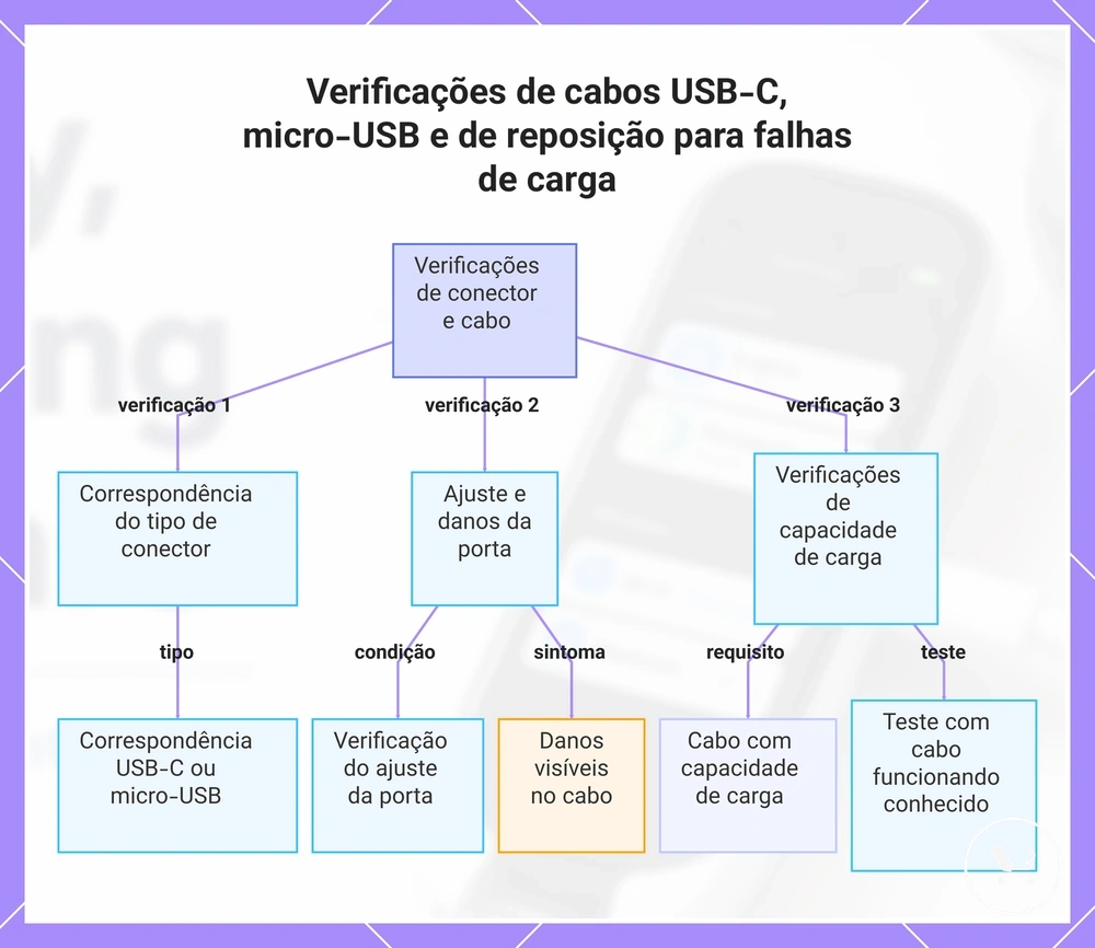 Verificações de cabos USB-C, micro-USB e de reposição para falhas de carga