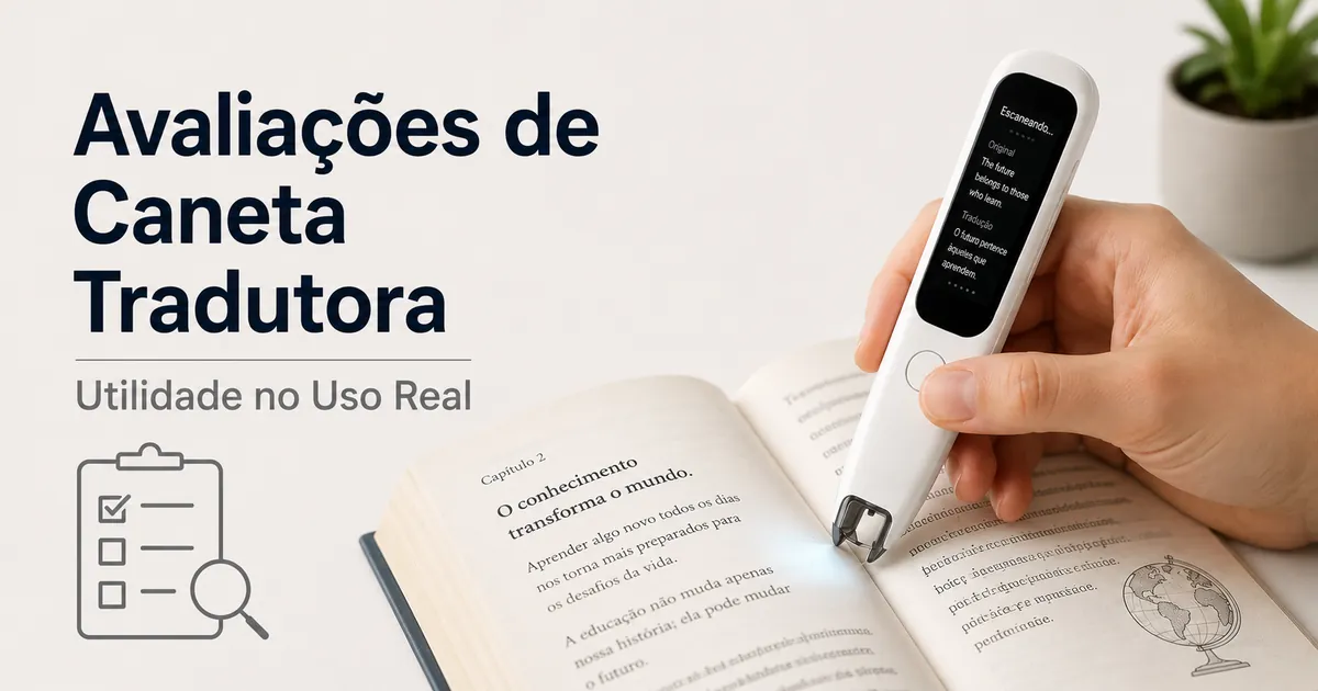 Caneta tradutora sendo usada sobre um livro para avaliar escaneamento e leitura no uso real.