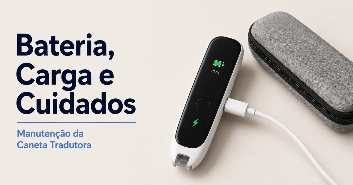 Caneta tradutora conectada a um cabo de carga ao lado de uma capa limpa.