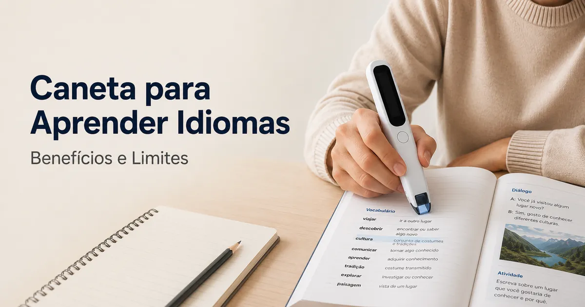 Pessoa aprendendo idiomas com uma caneta tradutora para escanear vocabulário em uma lição impressa.