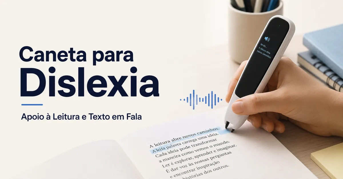 Caneta tradutora usada sobre texto impresso para apoio à leitura e conversão de texto em fala.