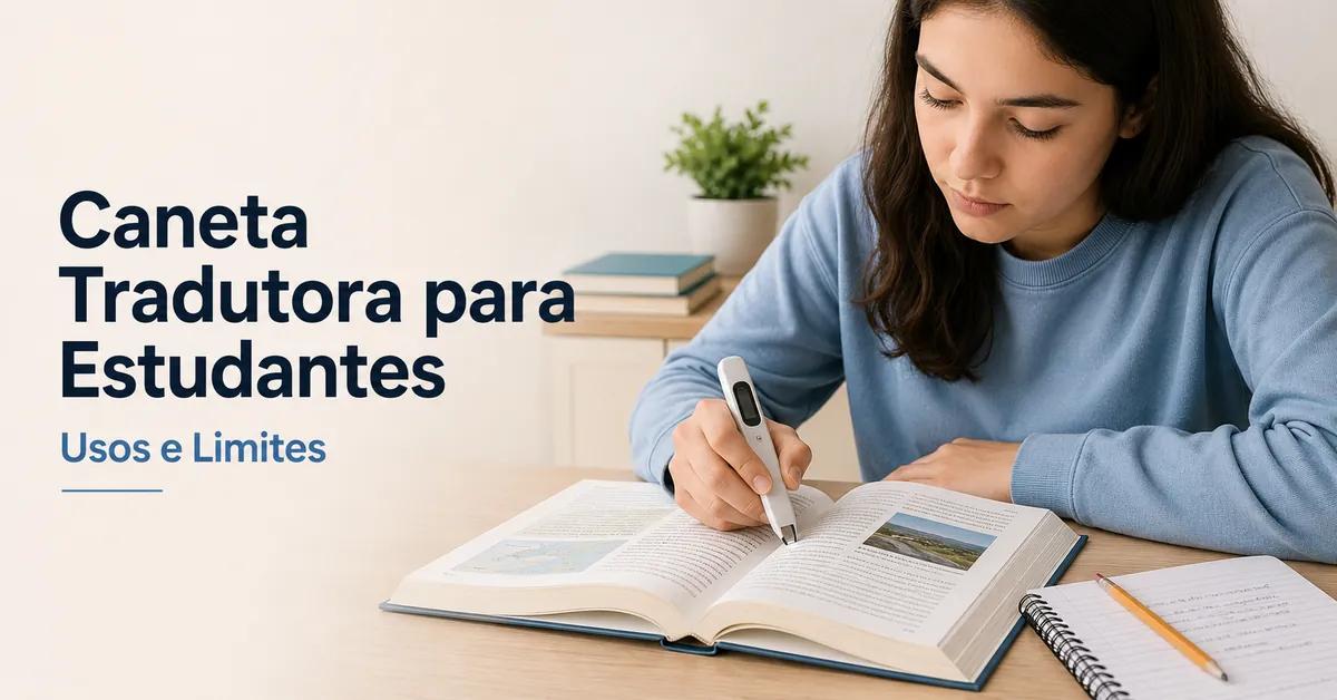 Estudante usando uma caneta tradutora em um livro didático para estudo e apoio à leitura.