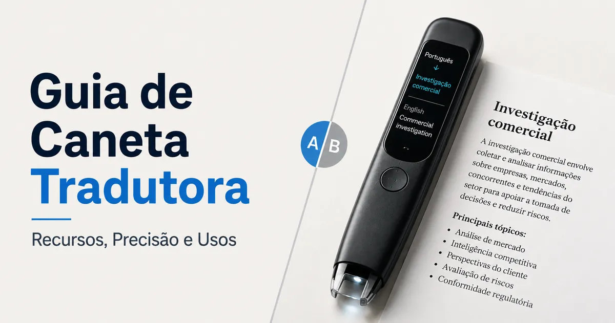 Caneta tradutora com ponta de escaneamento, tela e texto impresso para comparar recursos.