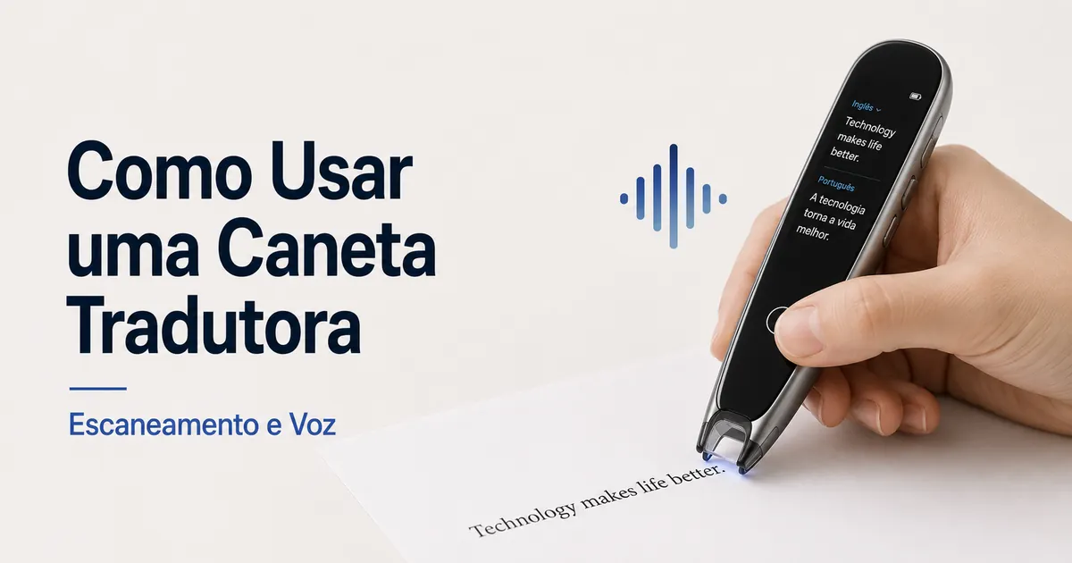Mão usando uma caneta tradutora para escanear texto impresso e acionar tradução por voz.