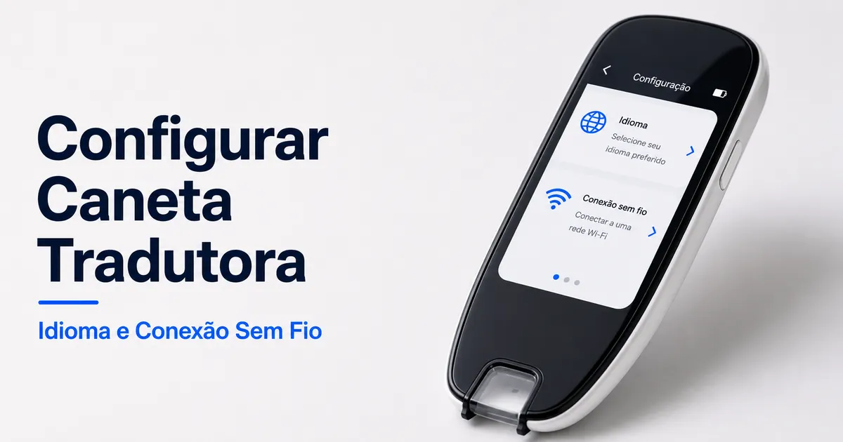 Tela de configuração de uma caneta tradutora com seleção de idioma e conexão sem fio.