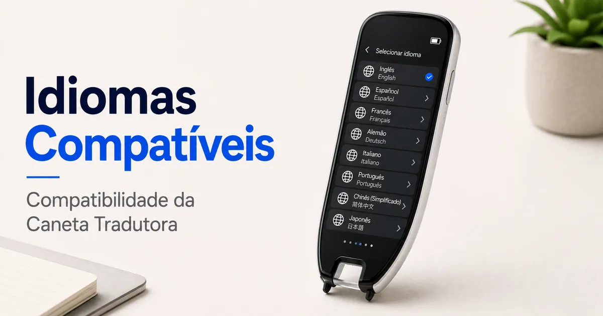 Interface de uma caneta tradutora com opções de seleção de idioma para tradução.