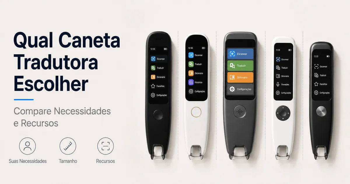 Várias canetas tradutoras organizadas para comparar tamanho, tela e recursos de escaneamento.