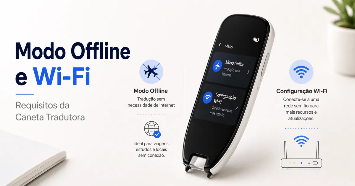 Tela de uma caneta tradutora mostrando modo offline e símbolos de configuração sem fio.