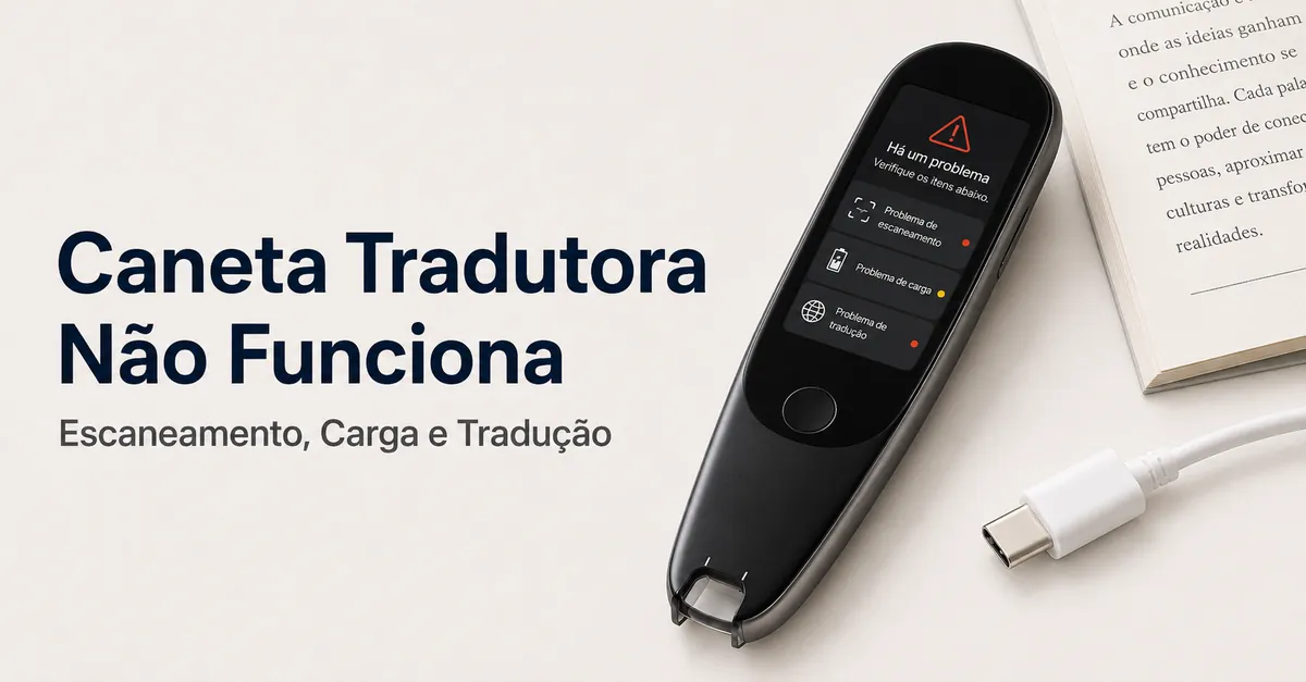 Caneta tradutora com tela de reparo perto de texto impresso e um cabo de carga.