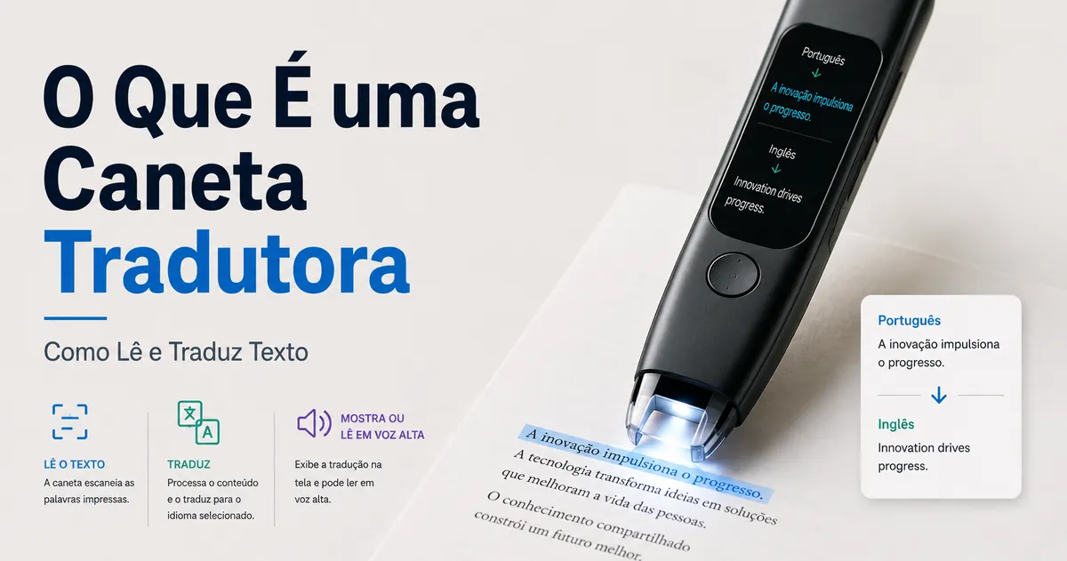 Caneta tradutora escaneando palavras impressas para mostrar como lê e traduz texto.