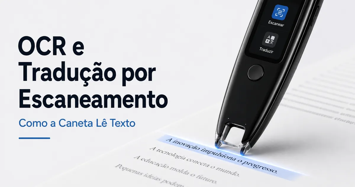 Caneta tradutora escaneando uma linha de texto impresso com a ponta OCR sobre a página.