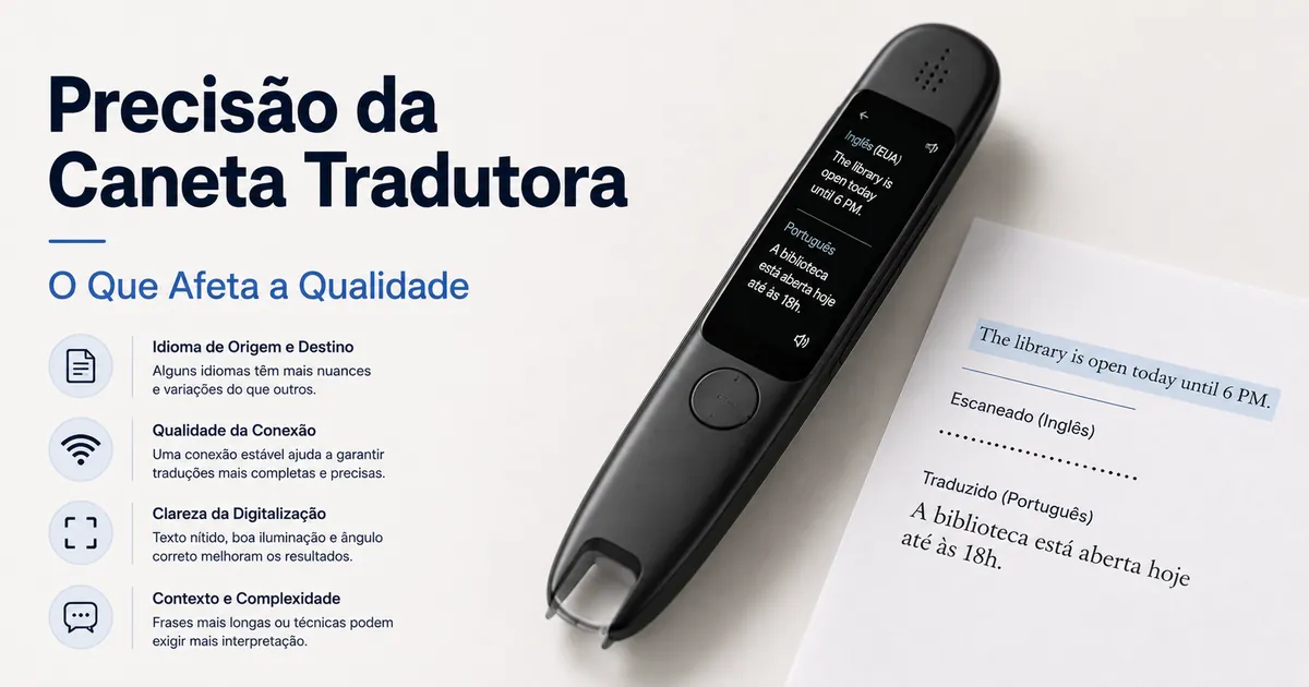 Tela de uma caneta tradutora exibindo texto traduzido após escanear uma frase impressa.
