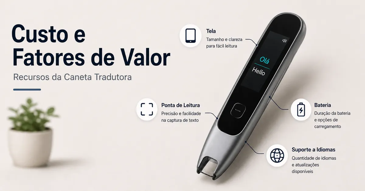 Caneta tradutora com indicações de recursos para comparar preço e valor.