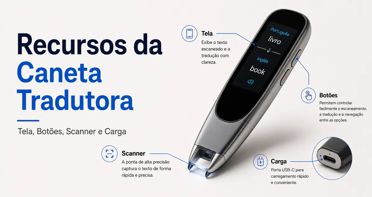 Disposição dos recursos de uma caneta tradutora com tela, botões, ponta de escaneamento e porta de carregamento.
