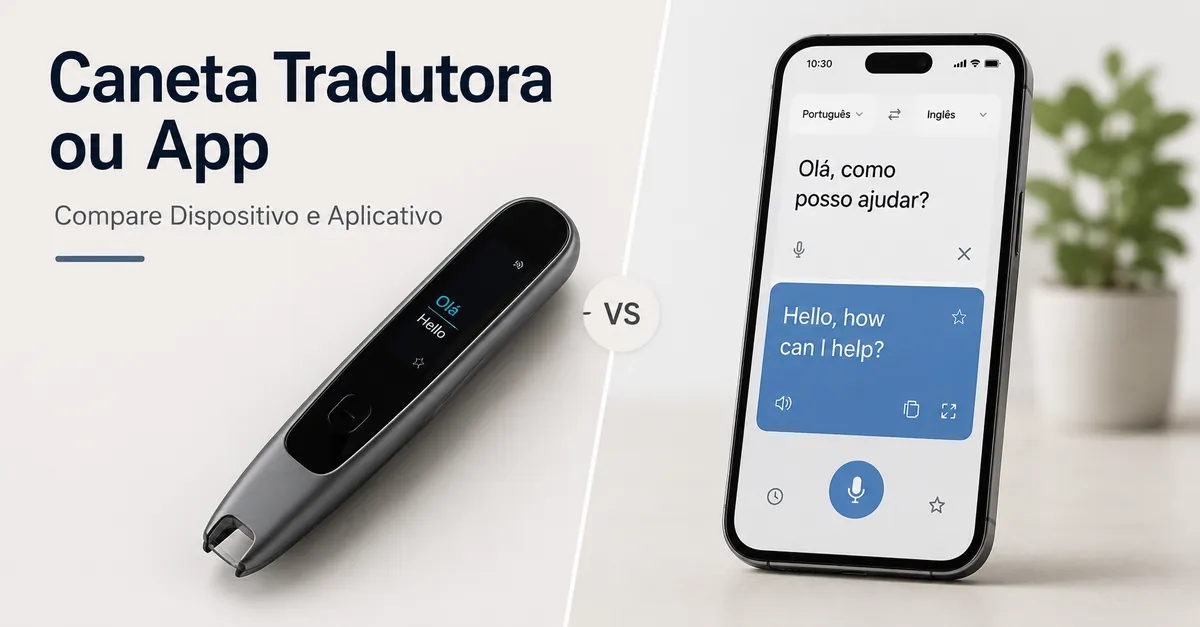 Caneta tradutora ao lado de um app de tradução em um celular para comparar os dois usos.