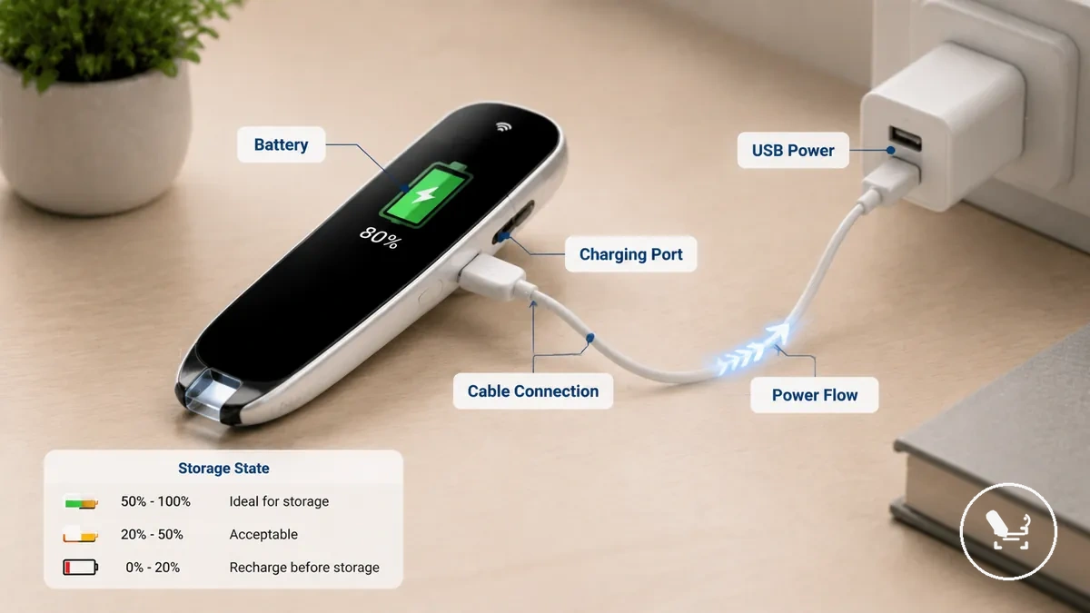Etiketlenmiş çeviri kalemi şarj portu, kablosu ve USB güç kaynağı şeması