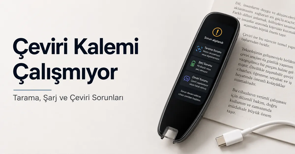 Basılı metin ve şarj kablosu yanında sorun giderme ekranı gösteren çeviri kalemi.