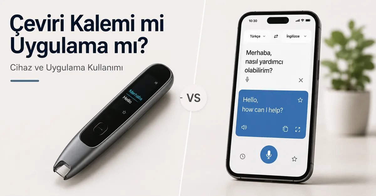 Cihaz ve uygulama kullanımını karşılaştırmak için akıllı telefondaki çeviri uygulamasının yanında duran çeviri kalemi.