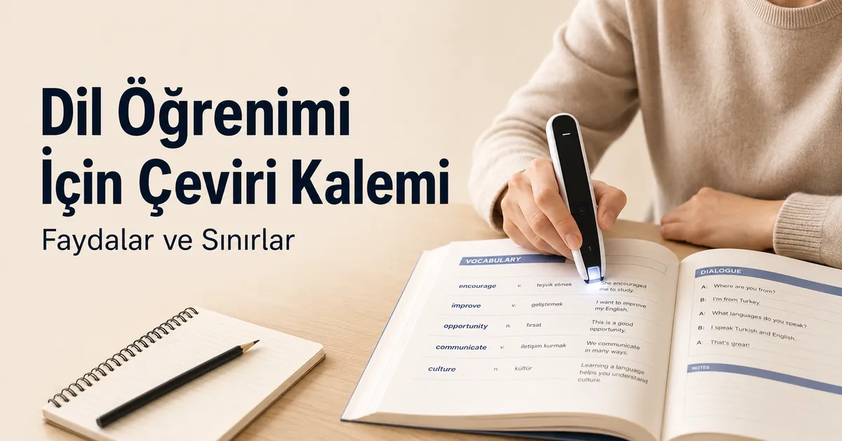 Basılı ders kitabındaki kelimeleri taramak için çeviri kalemi kullanan dil öğrencisi.