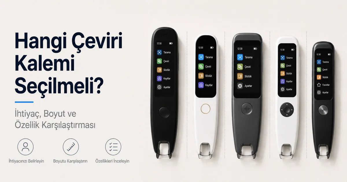 Boyut, ekran ve tarama özelliklerini karşılaştırmak için yan yana dizilmiş birkaç çeviri kalemi.