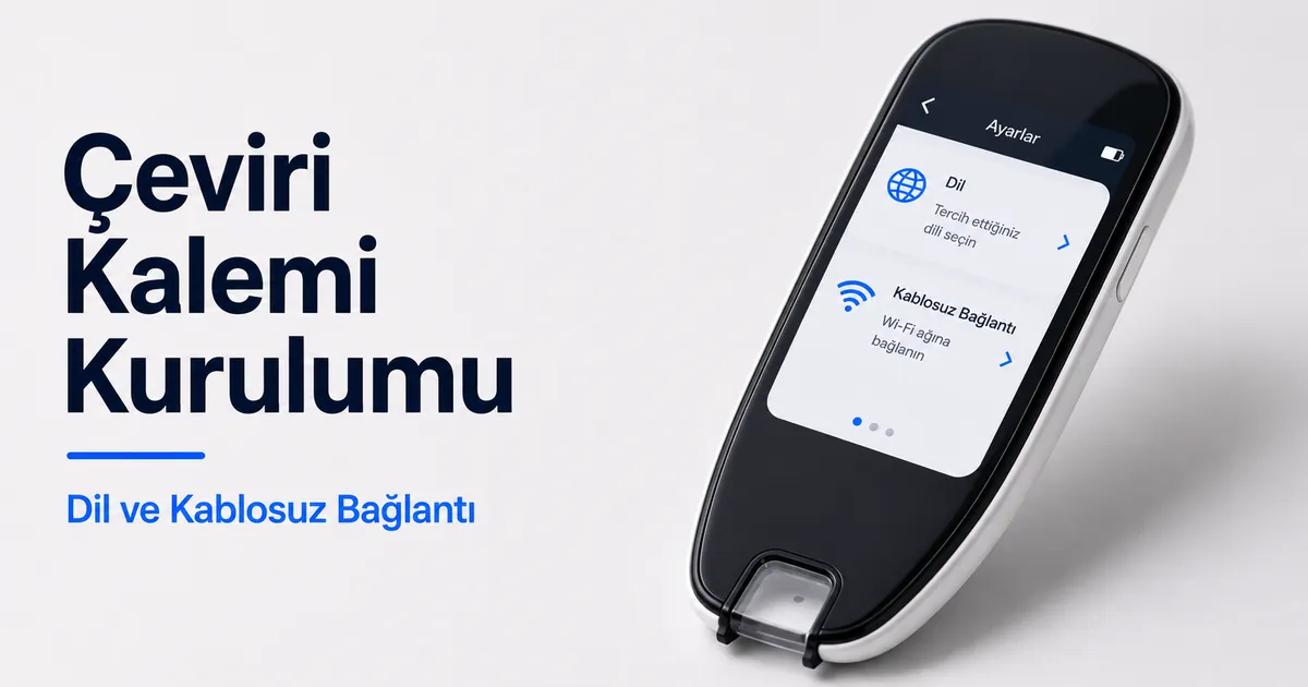 Dil seçimi ve kablosuz bağlantı seçenekleri bulunan çeviri kalemi kurulum ekranı.