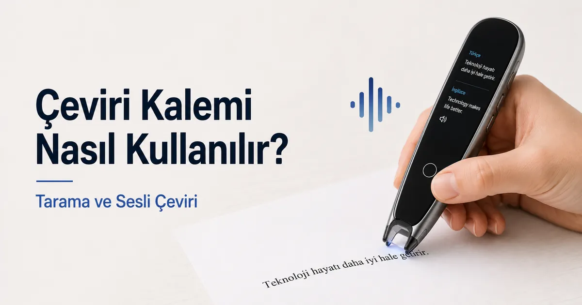 Basılı metni taramak ve sesli çeviriyi başlatmak için çeviri kalemi kullanan el.