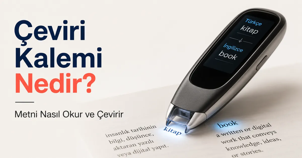 Cihazın metni nasıl okuyup çevirdiğini göstermek için basılı kelimeleri tarayan çeviri kalemi.