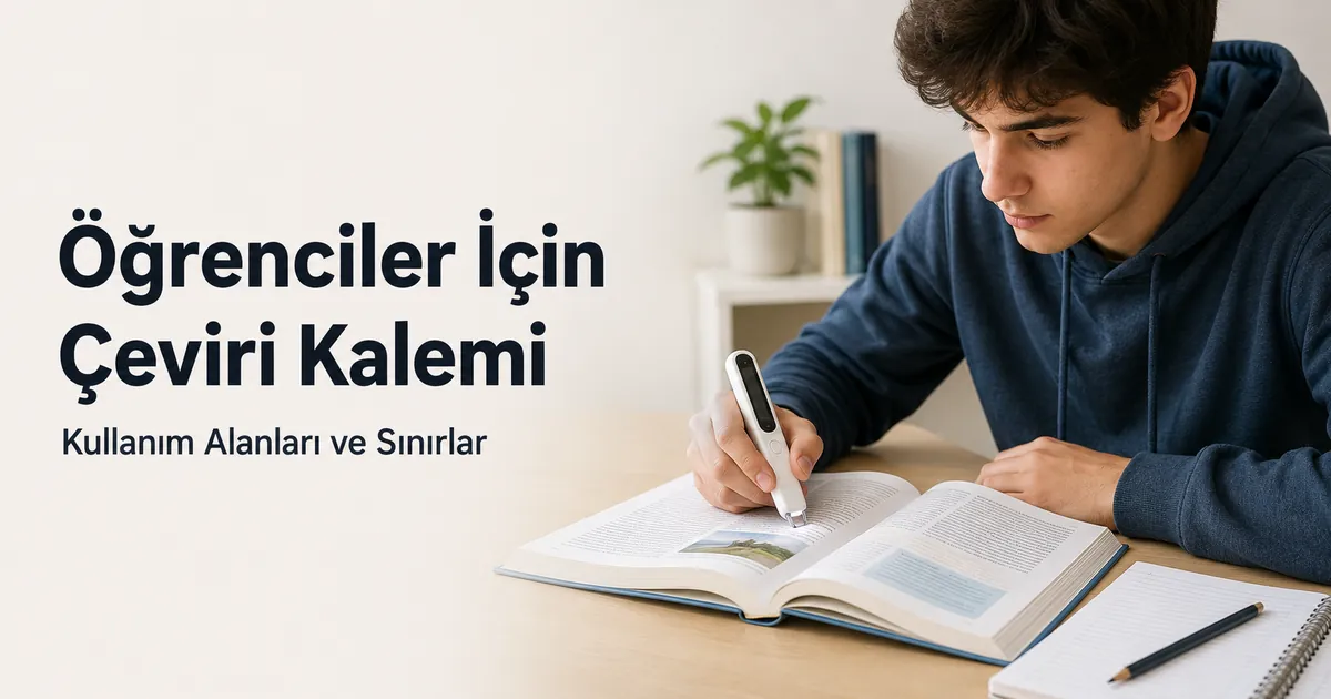 Ders kitabı üzerinde çalışma ve okuma desteği için çeviri kalemi kullanan öğrenci.