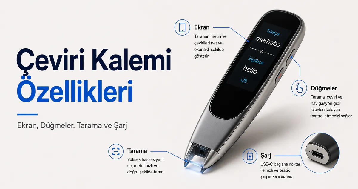 Ekran, düğmeler, tarama ucu ve şarj bağlantısı bulunan çeviri kalemi özellik yerleşimi.