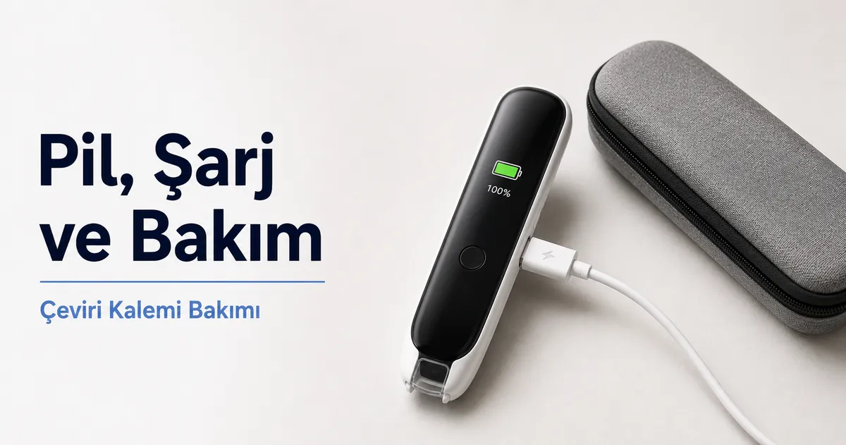 Temiz bir saklama kılıfının yanında şarj kablosuna bağlı çeviri kalemi.