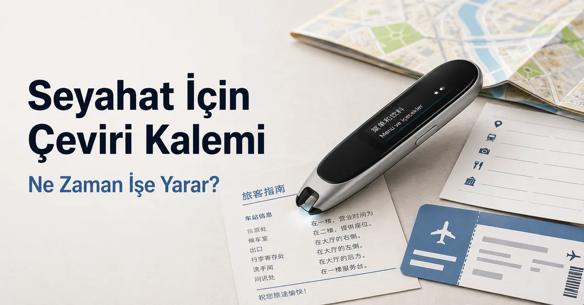 Seyahat belgeleri ve yabancı dilde basılı metinle kullanılan taşınabilir çeviri kalemi.